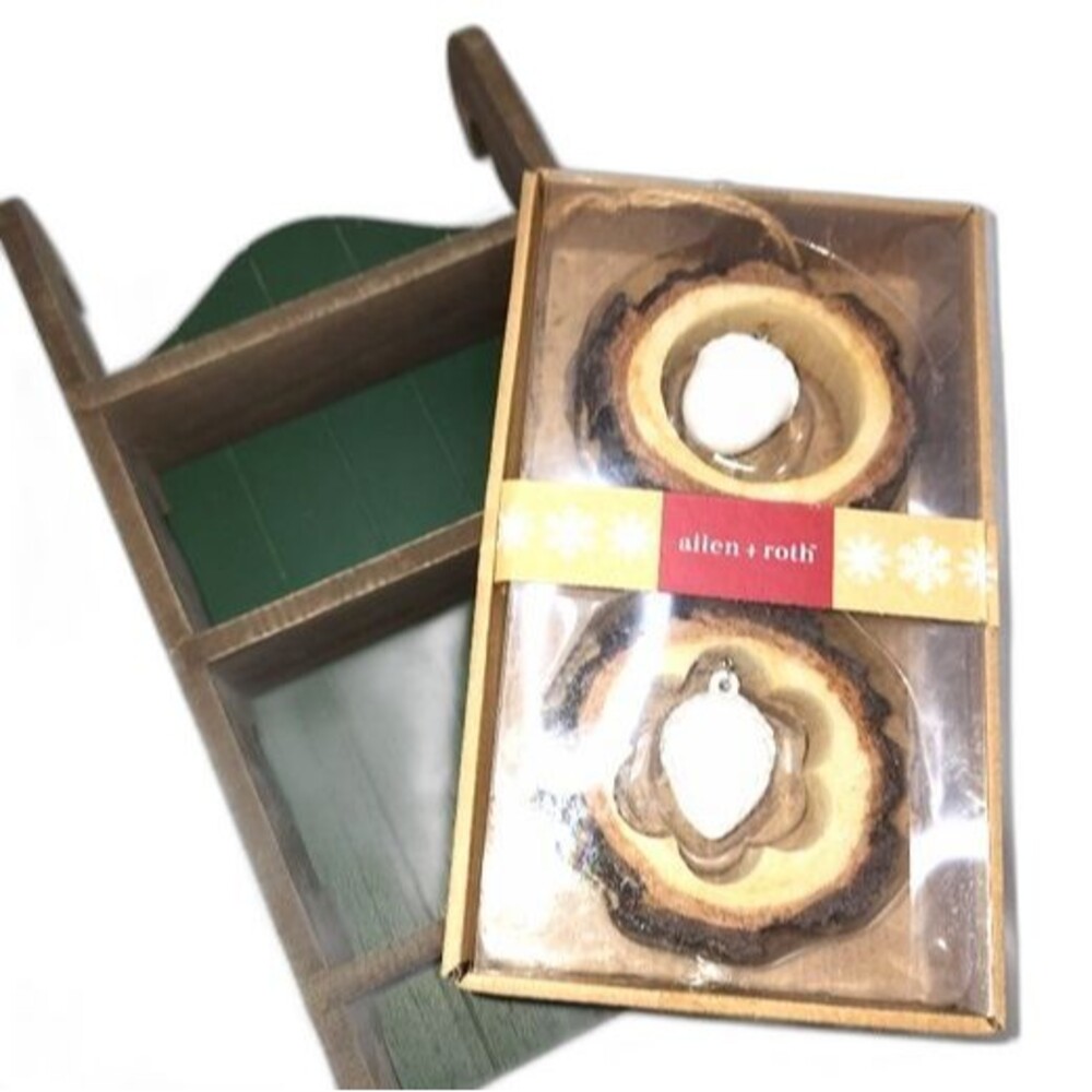 Holiday Decor Bundle of Green Wooden Sled Shelf & Pair of Rustic Acorn Ornaments